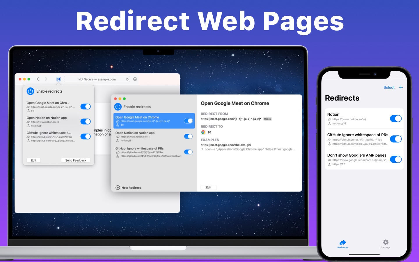 Window of Redirect Web for Safari