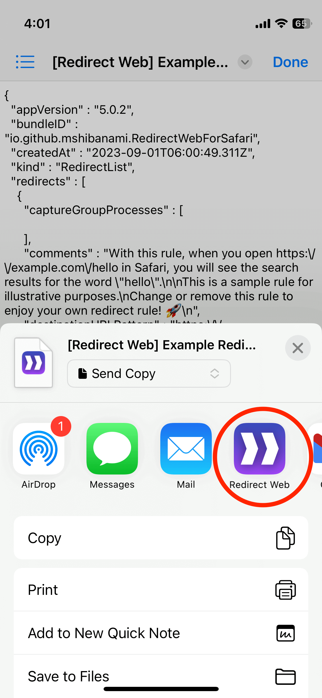 Appuyez sur l'icône de l'application dans la feuille de partage
