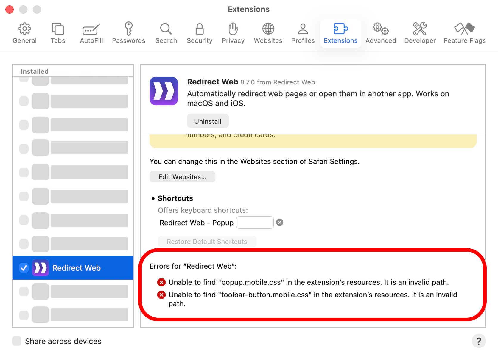 Safari の設定ウィンドウに表示されるエラーメッセージのスクリーンショット